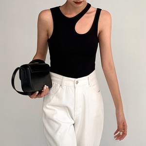 <b>Women's</b> <b>White</b> Ribbed Knit <b>Tank</b> <b>Top</b> O-Neck Sleeveless Hollow Out Minimalist Solid Color <b>Top</b> - Product Image 4