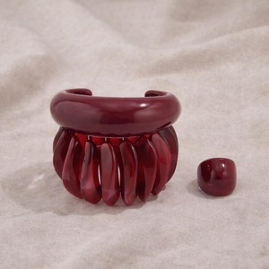 Handmade Burgundy Wine Resin Bangle Jewelry Set Resin Craft Chunky Elastic <b>Stretch</b> <b>Bracelet</b> Open Cuff Ring Women Wholesale - Product Image 3