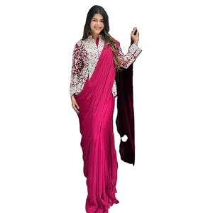 Sari de Alta Calidad de Fab Zone, Diseño de Última Moda con Bordado y Cordones, Tela de Imitación Georgette, Listo para Usar, Ideal para Fiestas y Festivales - Product Image 1