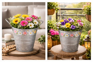 1 seau décoratif en métal galvanisé, pot de fleurs rustique vintage, motif floral, style ferme, pour la maison, intérieur et extérieur - Product Image 4