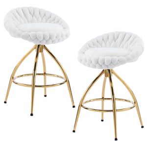 Set di 2 Sgabelli da Bar in Velluto Bianco con Piedi Girevoli in Ferro Placcato Oro e Comoda Seduta Intrecciata - Product Image 1