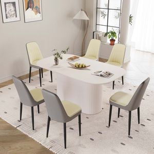 Tavolo da Pranzo in Stile Moderno Medievale da 63 Pollici in MDF Color Crema con Set di Sedie da Pranzo in PU, Piano Assemblabile e Gambe in Metallo Nero - Product Image 5
