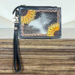 Premium Black Hand Tooled Genuine Fur Leather <b>Card</b> Holder Sunflower Design Mini Coin & <b>Credit</b> <b>Card</b> Holder Wristlet Unisex <b>Wallet</b> - Product Image 2