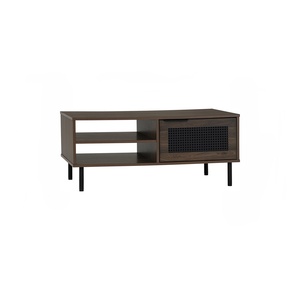 Minimalist <b>Walnut</b> Storage Center Coffee in Rattan Particle Board Center <b>Table</b> with Sturdy Metal Legs for Apartment Living - Product Image 1