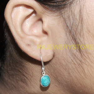 Natural Turquoise Gemstone Earrings 925 Sterling Silver Handmade Oval Cabochon Drop Dangle Hook Boho Jewelry Gift for Women <b>Wife</b> - Product Image 2