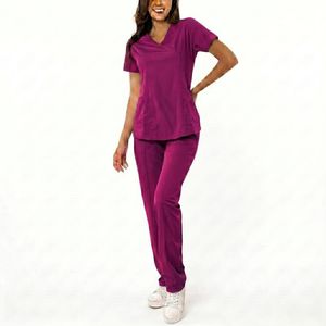 Tenues chirurgicales unisexes à manches courtes en tissu pur violet personnalisé (Spandex/Polyester) pour médecins et infirmières d'hôpital - Product Image 2