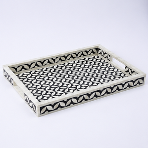 Black White Floral Horn Inlay <b>Decorative</b> Tray Solid Wood Base Handmade Serving Coffee Table <b>Home</b> <b>Decor</b> Wholesale - Product Image 3