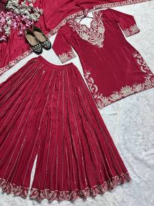 Robe midi traditionnelle indienne pakistanaise pour femmes, brodée de rouge, coupe régulière, toutes saisons - Product Image 3