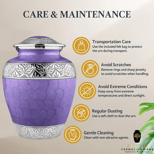 Urne funéraire en métal finition perle violette pour cendres humaines adultes |   Bandes décoratives en argent gravées |   220 pouces cubes écologiques - Product Image 5