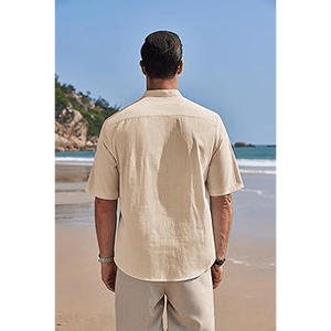 เสื้อเชิ้ตเฮนลีย์ผ้าลินินผสมสำหรับฤดูร้อนสำหรับผู้ชาย พร้อมดีเทลตะเข็บแนวตั้งแบบ Ladder-Stitch และแขนเสื้อแบบพับขึ้นได้ - Product Image 2