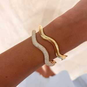 Diamond Wavy Bangle 6.25" Double Security Lock Classic Luxury Modern Cuff <b>Bracelets</b> Round Cut Lab Grown 14K <b>Solid</b> Gold Wholesale - Product Image 5