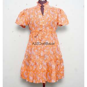 Vestido Mini de Algodón 100% Puro para Mujer, Estampado Floral Hecho a Mano en India, Lavable, Ecológico, Transpirable, Cintura Alta, Estilo Boho, para Oficina - Product Image 2