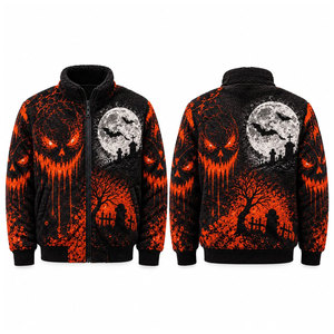 <b>Men's</b> <b>Gothic</b> Sherpa Fleece <b>Jacket</b> Halloween 3D Print Zipper Stand Collar Windproof Winter Warm Coat Orange Black Design - Product Image 1