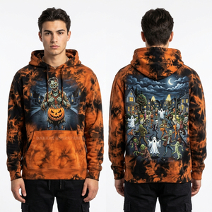Sudadera con capucha personalizada tie-dye para hombre, naranja y negra, con gráfico de calabaza zombi, estilo streetwear, oversize, de forro polar, proveedor de fábrica - Product Image 1