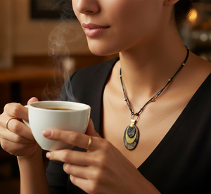 Colgante de cuerno de búfalo hecho a mano My Druther Way con latón texturizado entrelazado y hilo de algodón tejido con cuentas metálicas - Product Image 6