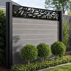 Modern Garden Privacy Fence With Grey Wood Panel Black <b>Leaf</b> Cutout Top Outdoor Boundary Wall Decorative <b>Screen</b> Furniture - Product Image 2