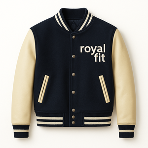 Chaqueta Universitaria de Lana Azul Marino Bordada Personalizada con Mangas de Cuero Crema y Botones a Presión - Product Image 1