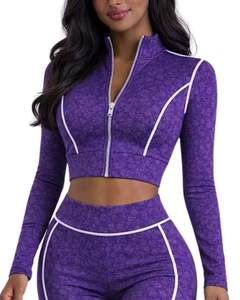 Ensemble de yoga deux pièces violet pour femme : haut court zippé et pantalon évasé taille haute avec passepoil contrastant, extensible, pour fitness et gym – Fabricant - Product Image 2