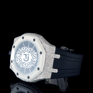 Montre de luxe pour homme, cadran blanc, bracelet noir, lunette en argent avec strass, diamants Moissanite VVS, montre personnalisée - Product Image 5