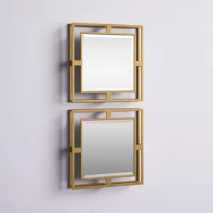 Modern Gold Plated Square <b>Wall</b> Mirror Set 2Pcs Geometric Design Home Decor Living Room Artistic <b>Frame</b> - Product Image 3