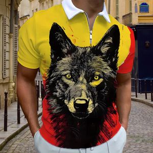 Camiseta Polo para Hombre con Estampado de Lobo 3D |   Camiseta con Cierre y Gráfico Sublimado en Amarillo y Rojo |   Camiseta Deportiva Informal de Manga Corta Personalizada y Transpirable - Product Image 6
