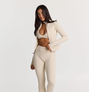 Women's Beige Full Sleeve Zipper <b>Yoga</b> <b>Jacket</b> Solid Color High Waist Seamless Four-Way Stretch Activewear - Product Image 3