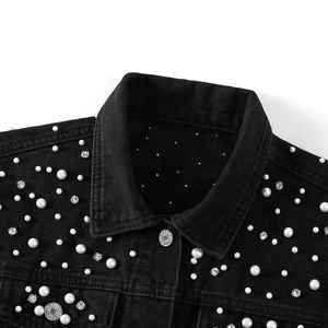 Black Denim Jacket With Rhinestone Rivet Decoration Turn-down Collar Regular Sleeve Casual Style Unisex Autumn Wear Rhinestone P - Product Image 3
