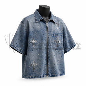 Camisa de mezclilla personalizada para hombre, de manga corta, con cremallera completa, con pedrería, estilo urbano, fabricante OEM de marca privada - Product Image 3
