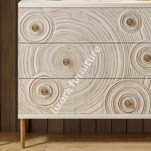 Luxury Handcrafted Solid Wood 3 Drawer Dresser Modern Concentric Circle Carving Antique White Finish - Product Image 3