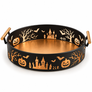 Plateau de service rond d'Halloween avec poignées |   Plateau en métal noir et or avec découpe en forme de citrouille, chauve-souris et château pour bonbons, snacks et fêtes - Product Image 1