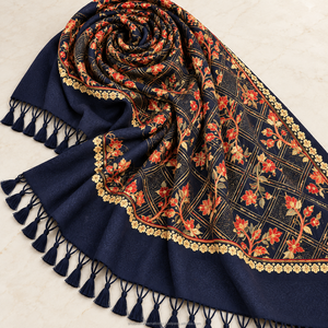 Châle et écharpes en pashmina violet avec broderie dorée |   Tissu de luxe pour robe de mariée musulmane automne, idéal pour mariage et Aïd - Product Image 5