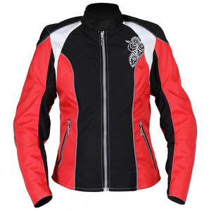 Veste de moto personnalisée pour femmes, rouge et noire, manches longues, imprimée, coupe-vent, toutes saisons, vêtements de moto avec patch brodé personnalisé - Product Image 1