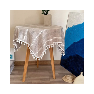 Striped Embroidered Blue Cotton <b>Tablecloth</b> Tassels Classic Style Washable Waterproof Oilproof Home Use 70x70 Inches 180 GSM GOTS - Product Image 2
