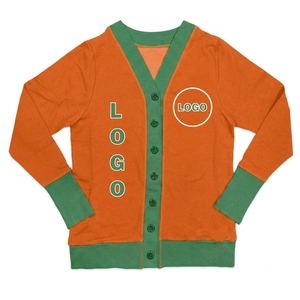 Cardigan tricoté surdimensionné personnalisé orange et vert contrastant pour femme, col en V, technique de patchwork, effet délavé, logo personnalisable - Product Image 1