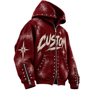 Men's Oversized Burgundy Zip Up Hoodie Embroidered Letter <b>Star</b> Pattern Studded Hip Hop Sweatshirt - Product Image 1