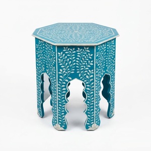 Tabouret sablier bleu et blanc en os incrusté, table d'appoint géométrique artisanale, mobilier de luxe personnalisé pour salon, vente en gros - Product Image 2