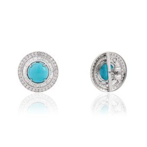 Nouvelle collection tendance de boucles d'oreilles à clous en or blanc 14 carats, avec turquoise taille cabochon et diamants ronds en double grappe, fabriquées à la main - Product Image 5