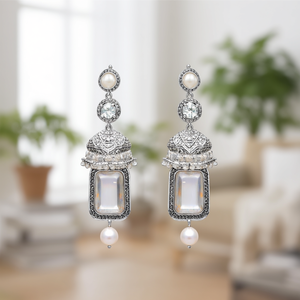 German Silver Religious Drop Earrings with Pearl Quartz & Diamond Accents - Product Image 3