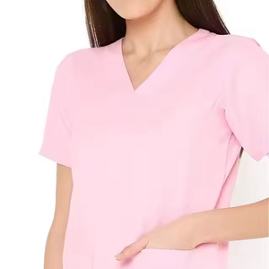 ชุดสครับผู้หญิงสีชมพู คอวี ผ้าฝ้ายผสมโพลีเอสเตอร์ ทอแบบยืดหยุ่น สไตล์จ็อกเกอร์ สำหรับคลินิก สปา และชุดทำงานในโรงพยาบาล - Product Image 6