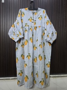 Gray Striped <b>Lemon</b> Print Cotton <b>Dress</b> Three Quarter Sleeve Length Soft Breathable Club <b>Dress</b> - Product Image 4