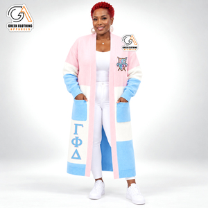 Cardigan long pour femmes Gamma Phi Delta, grande taille, pull en tricot d'hiver, logo brodé sur le devant, décontracté, manches longues - Product Image 1
