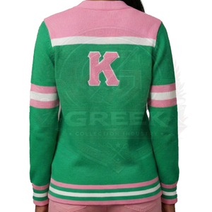 Cárdigan OEM de la hermandad griega AKA, verde y rosa, texturizado, para mujer, con logotipo bordado, botones frontales, cárdigan universitario de fraternidad. - Product Image 4