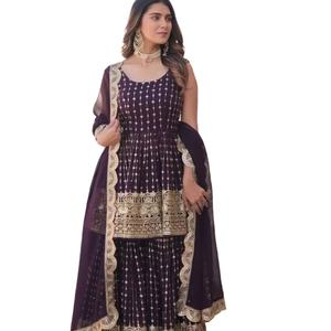 Último diseñador Fab Zone Faux Georgette bordado secuencia trabajo Sharara traje alto indio pakistaní étnico indio Sari fiestas - Product Image 1