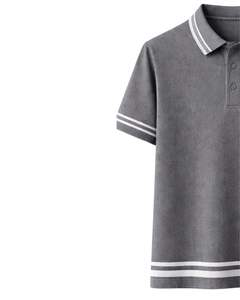 Polo gris personalizado para hombre, mezcla de algodón, informal, de manga corta, para verano, con cuello, puños y dobladillo con diseño de rayas en contraste. - Product Image 3