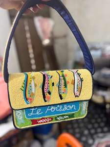 Sac à main à rabat brodé de perles à rayures, style bohème pour femme, en lin imperméable, écologique, à bandoulière unique, jaune et bleu - Product Image 1