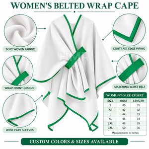 Poncho asymétrique HMR Sorority Sisterhood blanc avec bordure verte, col en V, manches chauve-souris, longueur midi, fermeture à ceinture, uni - Product Image 6