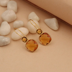<b>Gold</b> Plated Citrine Drop <b>Earrings</b> Women's Classic <b>Dangle</b> Jewelry Bezel Setting Fashion <b>Earrings</b> Wholesale - Product Image 4
