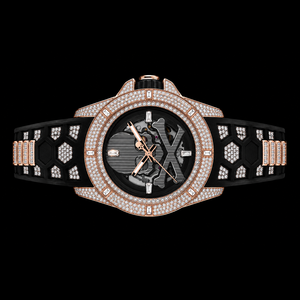Reloj de pulsera de lujo para hombre con esfera negra de calavera esqueleto, bisel de oro rosa con incrustaciones de piedras, diseño de moda - Product Image 1