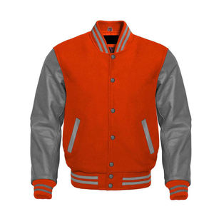 Premium Unisex Orange and Grey Varsity <b>Jacket</b> with Wool Blend Body Faux <b>Leather</b> Sleeves Snap Button Closure Rib Knit Collar Cuff - Product Image 4