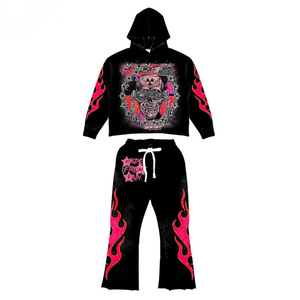 Conjunto de chándal personalizado con estampado de calavera y llamas para hombre, con capucha, manga larga, estilo urbano, conjunto de dos piezas a juego, pantalones acampanados - Product Image 5